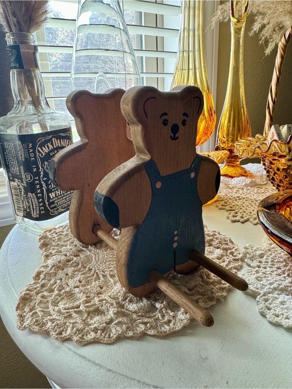 Handmade Wooden Bear Napkin/Utensil Holder with Blue Overalls